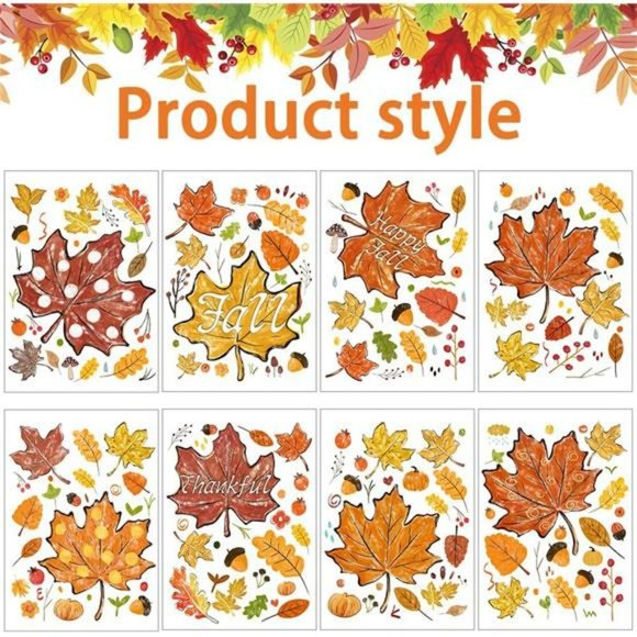 8 Sheets Thanksgiving Fall Window Clings, Maple Leaves Pine Cones Oil Painting - Picture 4 of 7